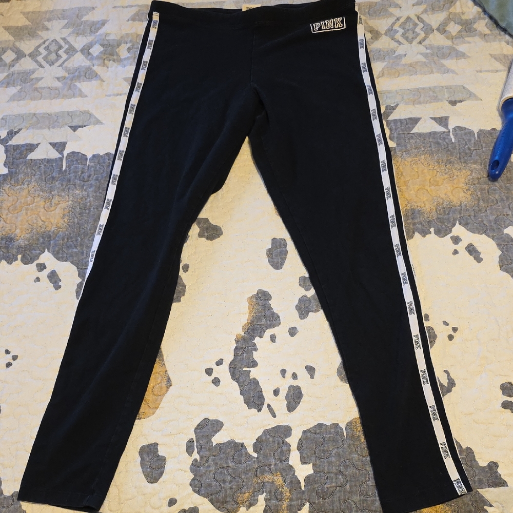 PINK Black Leggings with White Side Stripes